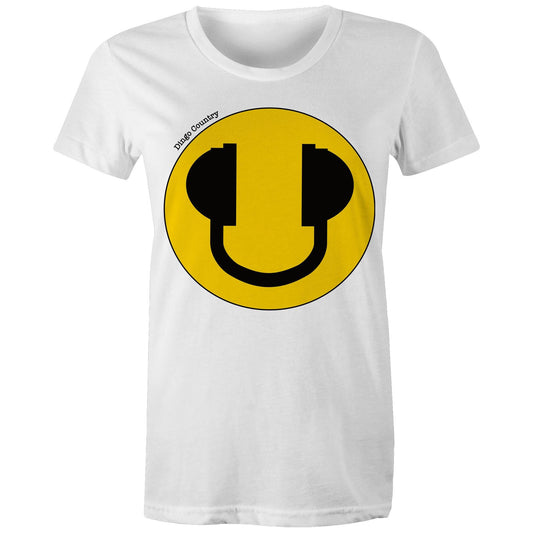 Women's Maple Tee in white with a bold yellow smiley face and headphone design, expressing a fun-loving music vibe, available at Dingo Country.