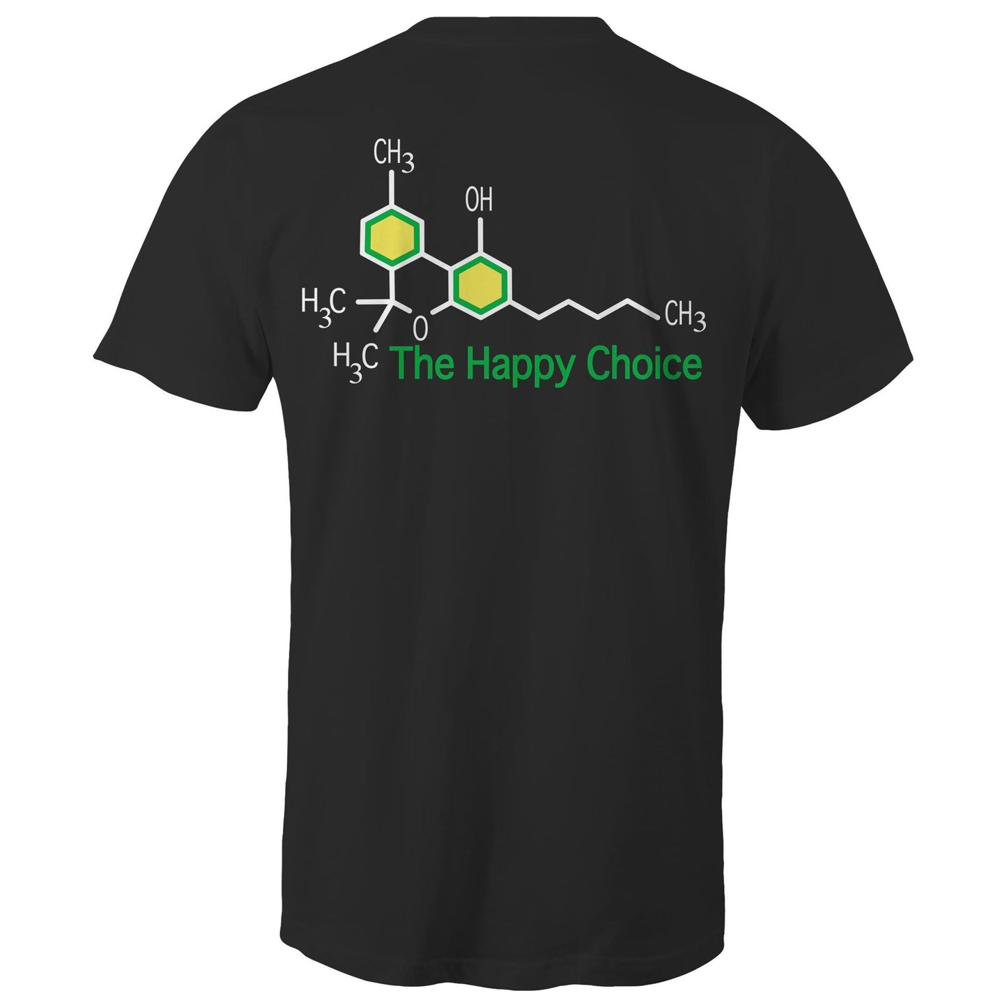 Rear view of a black T-shirt showing the chemical structure of Tetrahydrocannabinol (THC) with 'The Happy Choice' tagline, merging fun with pharmacological interest.