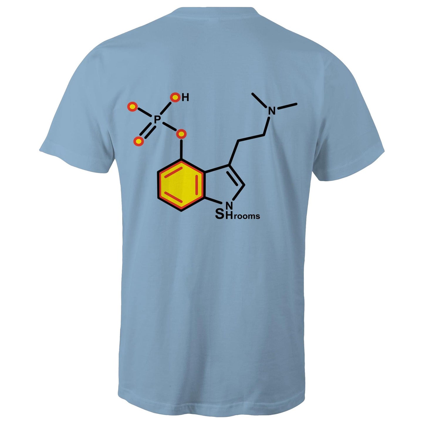 Back of the men's Carolina blue T-shirt showcasing the Psilocybin molecule, combining scientific appeal with a sharp, modern design.