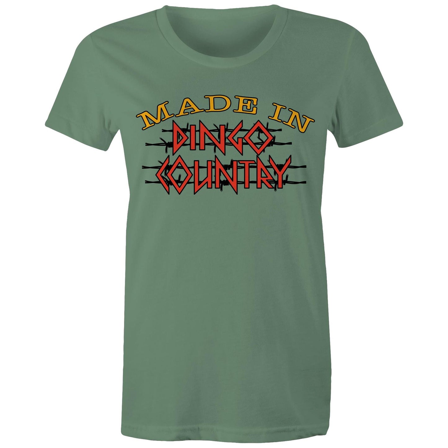 Women's sage maple tee with a large 'Made in Dingo Country' logo on the front, available in 14 vibrant colors