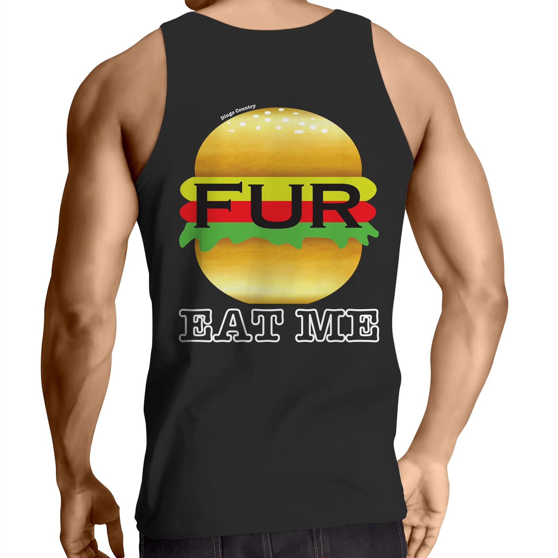 Back view of black singlet with playful 'FUR - EAT ME' burger graphic - a bold fashion statement from Dingo Country.