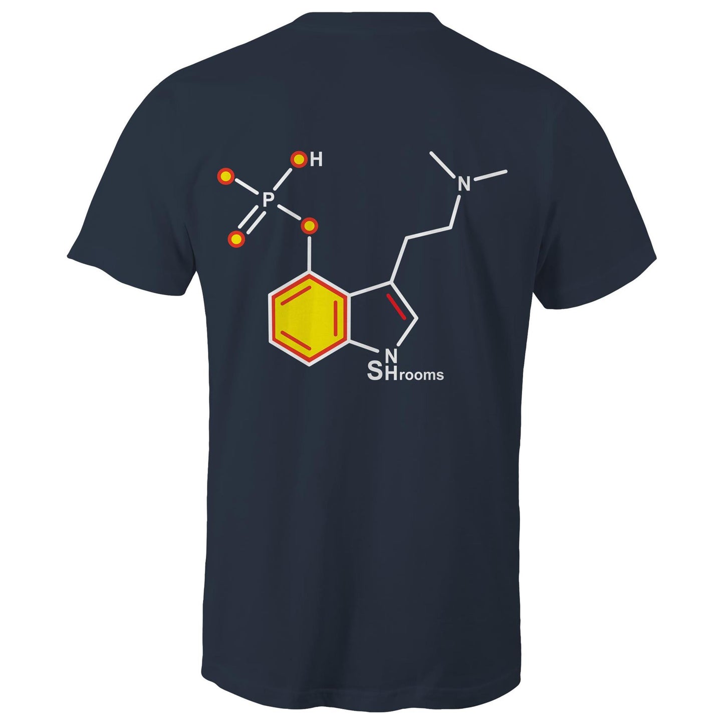 Back of the men's navy T-shirt showcasing the Psilocybin molecule, combining scientific appeal with a sharp, modern design.