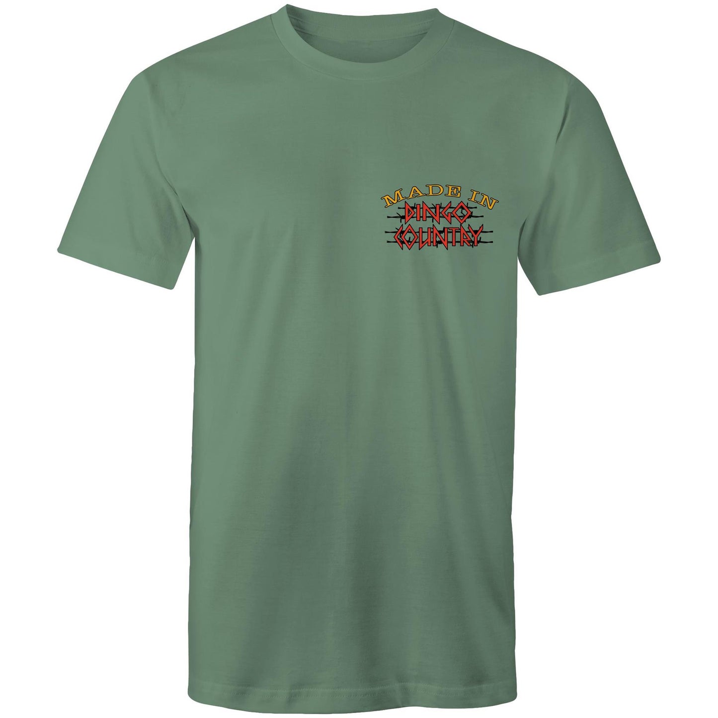 Men's sage T-shirt with a small 'Made in Dingo Country' chest logo, signifying understated Australian pride and a love for homegrown science.