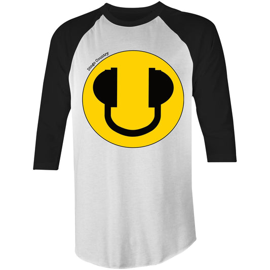 White and black colour raglan T-shirt with a large yellow smiley face headphone design, combining retro style with a playful music theme.