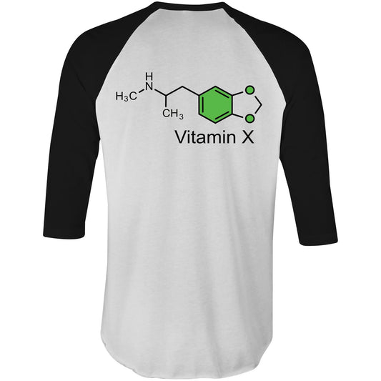 Back view of the raglan black sleeve t-shirt, prominently displaying a large green molecular structure graphic with 'Vitamin X' labeled underneath, referencing the chemical structure of 3,4-Methylenedioxymethamphetamine.