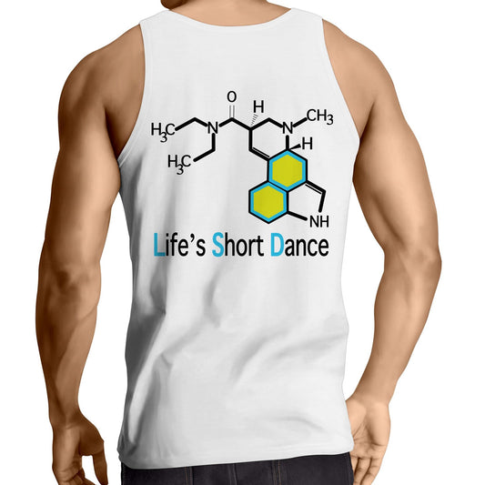 Detailed back view of the 'Life’s Short Dance' Men's White Singlet, featuring the eye-catching chemical molecule graphic and the life-affirming phrase below.