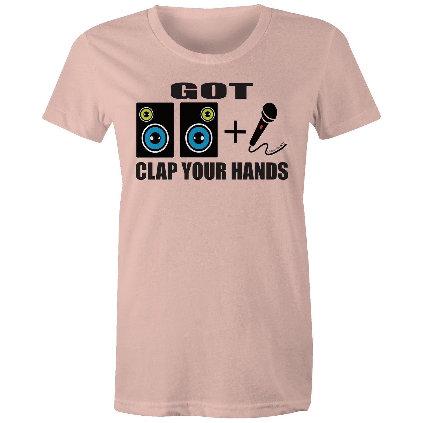 Women's pale pink maple tee with 'GOT two speakers icon + Mic' icon and 'CLAP YOUR HANDS' text on the front, reflecting Beck's song lyrics