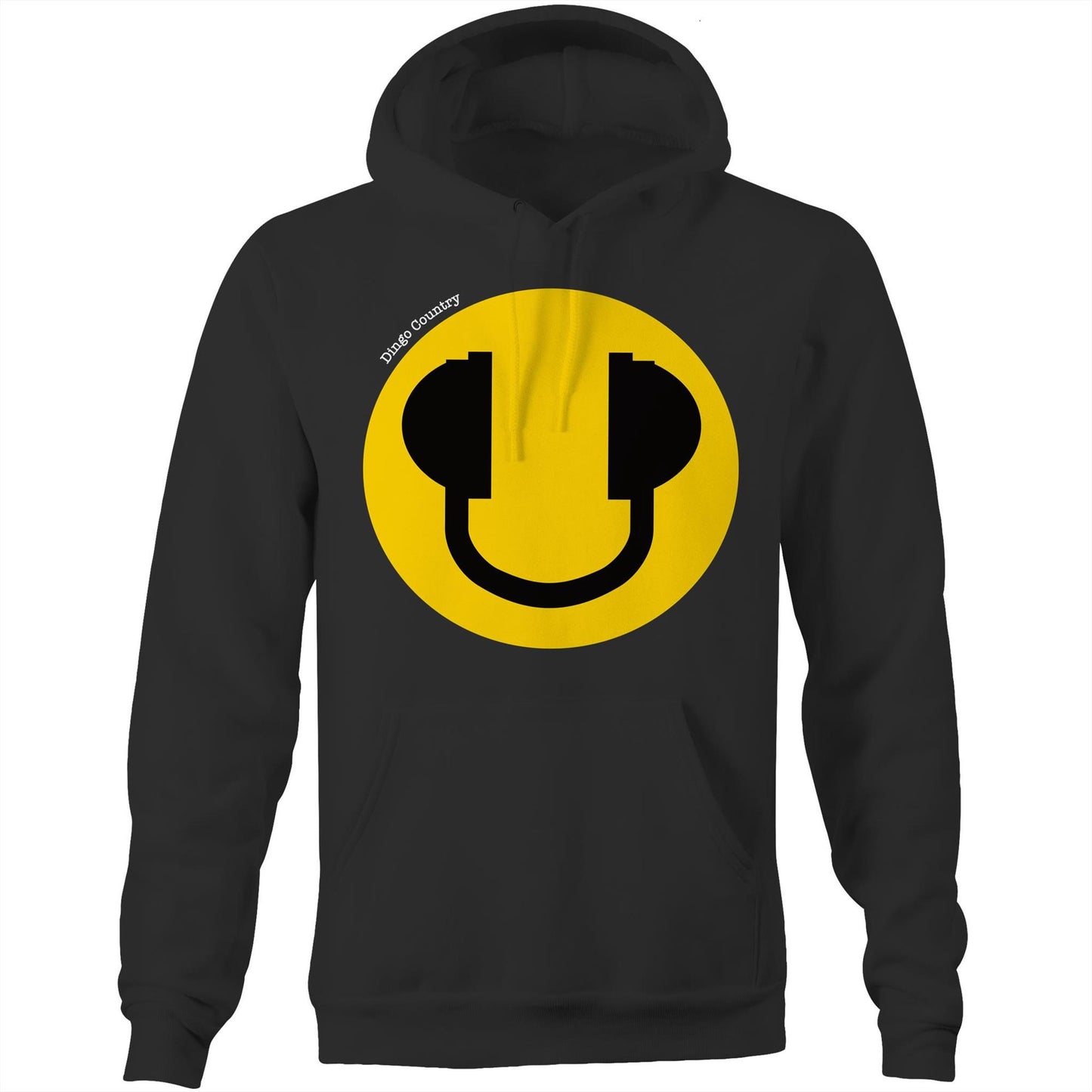 Black hoodie featuring a large yellow smiley face with headphone accents, embodying a fun and music-filled lifestyle, from Dingo Country.