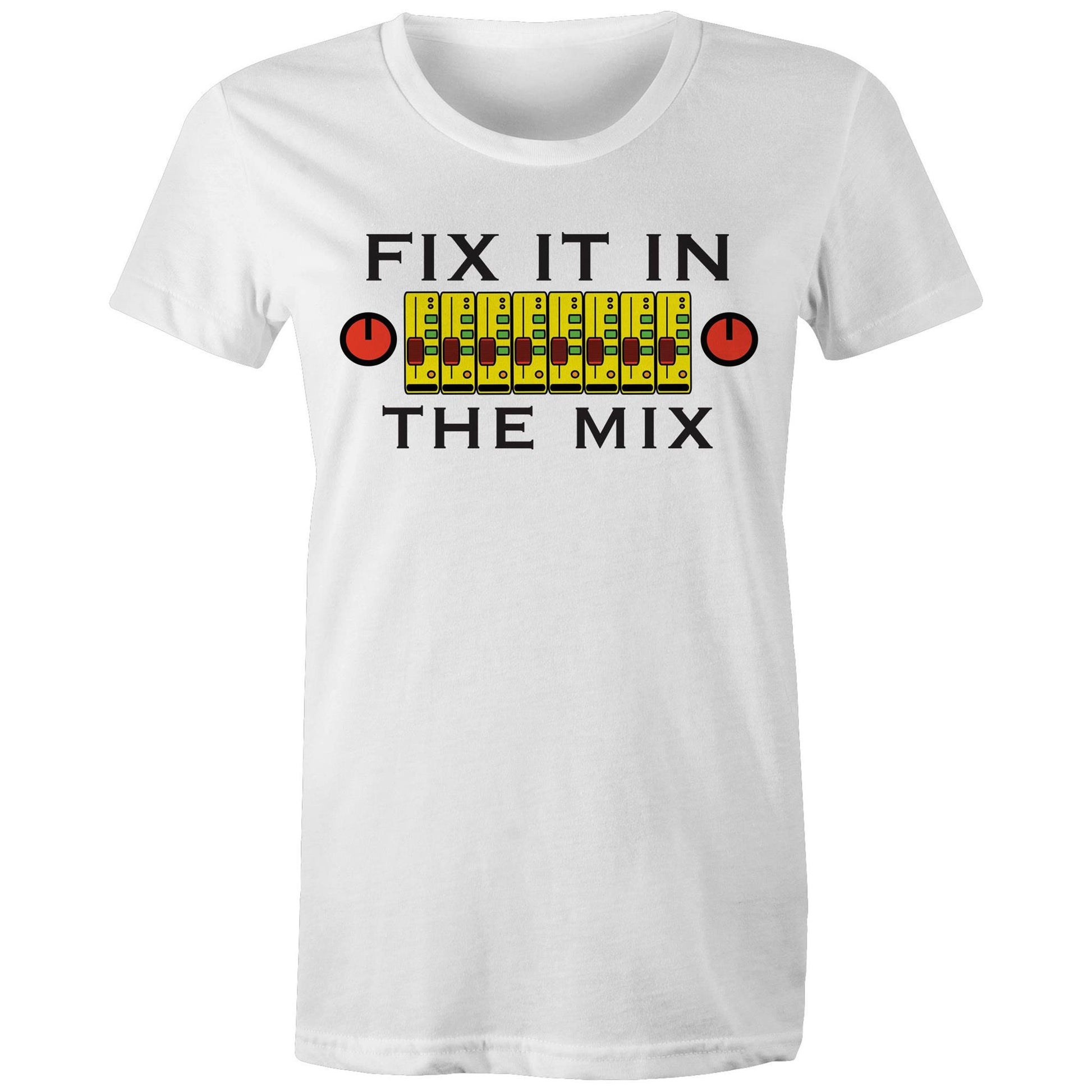 Fix It In The Mix' women's maple tee in white with colorful mixer design