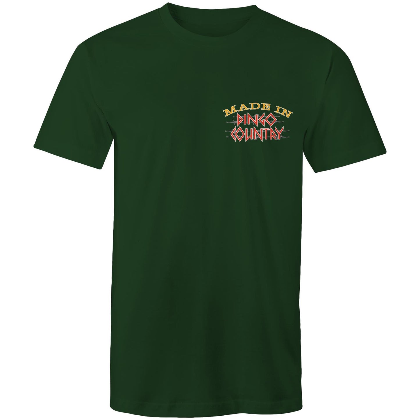 Men's forrest green T-shirt with a small 'Made in Dingo Country' chest logo, signifying understated Australian pride and a love for homegrown science.