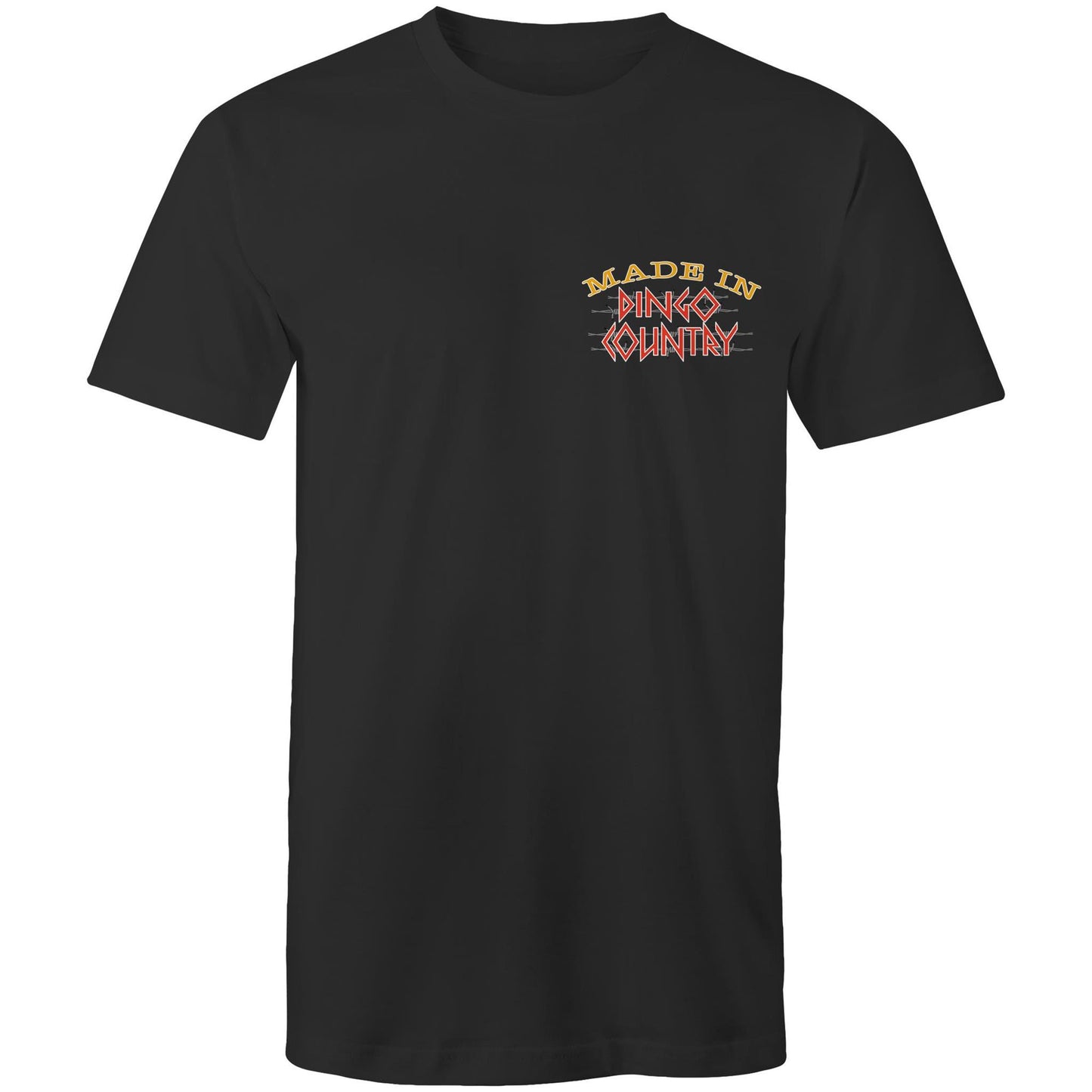 Men's classic black t-shirt with a small 'Made in Dingo Country' logo on the chest for a touch of Australian pride.