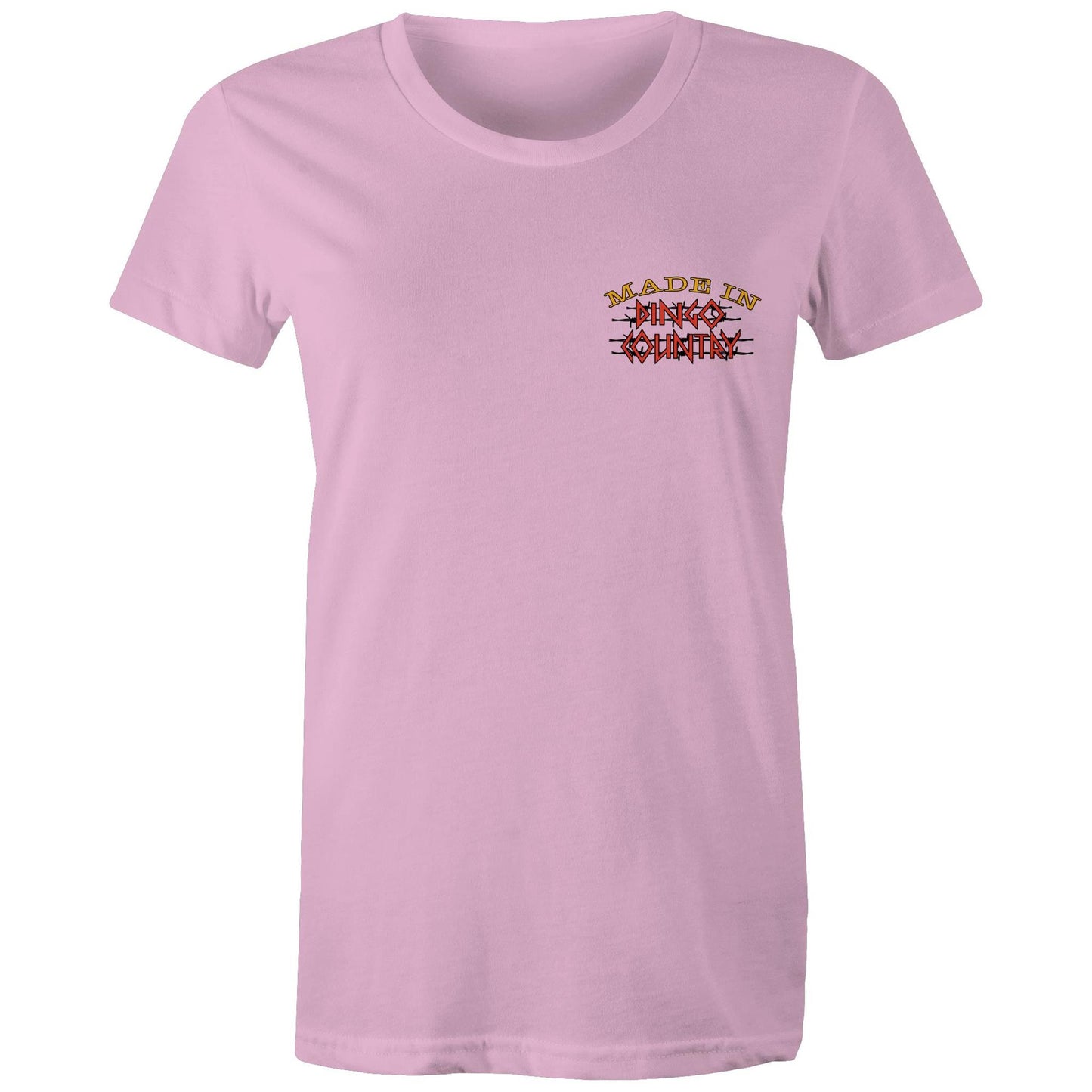 Simple and elegant pink Women's Maple Tee with 'Made in Dingo Country' in distressed Australian flag colours across the chest.