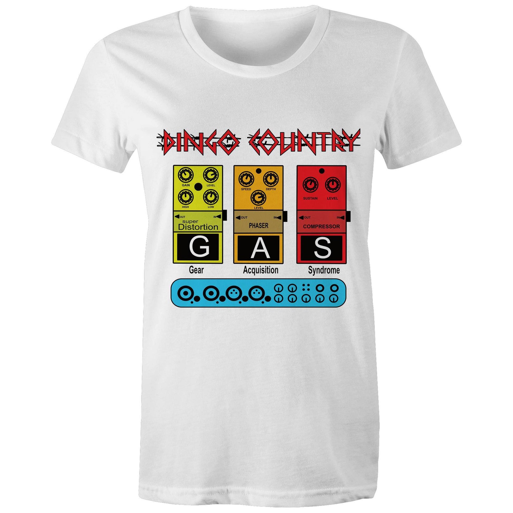 Close-up of the GAS Effect Pedal Women's T-Shirt white by Dingo Country, celebrating music gear culture