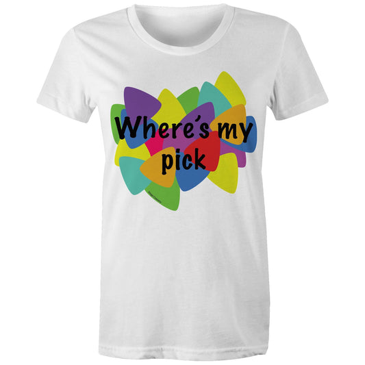 "Where's My Pick" Women's Maple Tee in white, featuring a colorful and playful guitar pick graphic in the center with the question "Where's my pick" written across, ideal for those who love a blend of music, style, and fun.