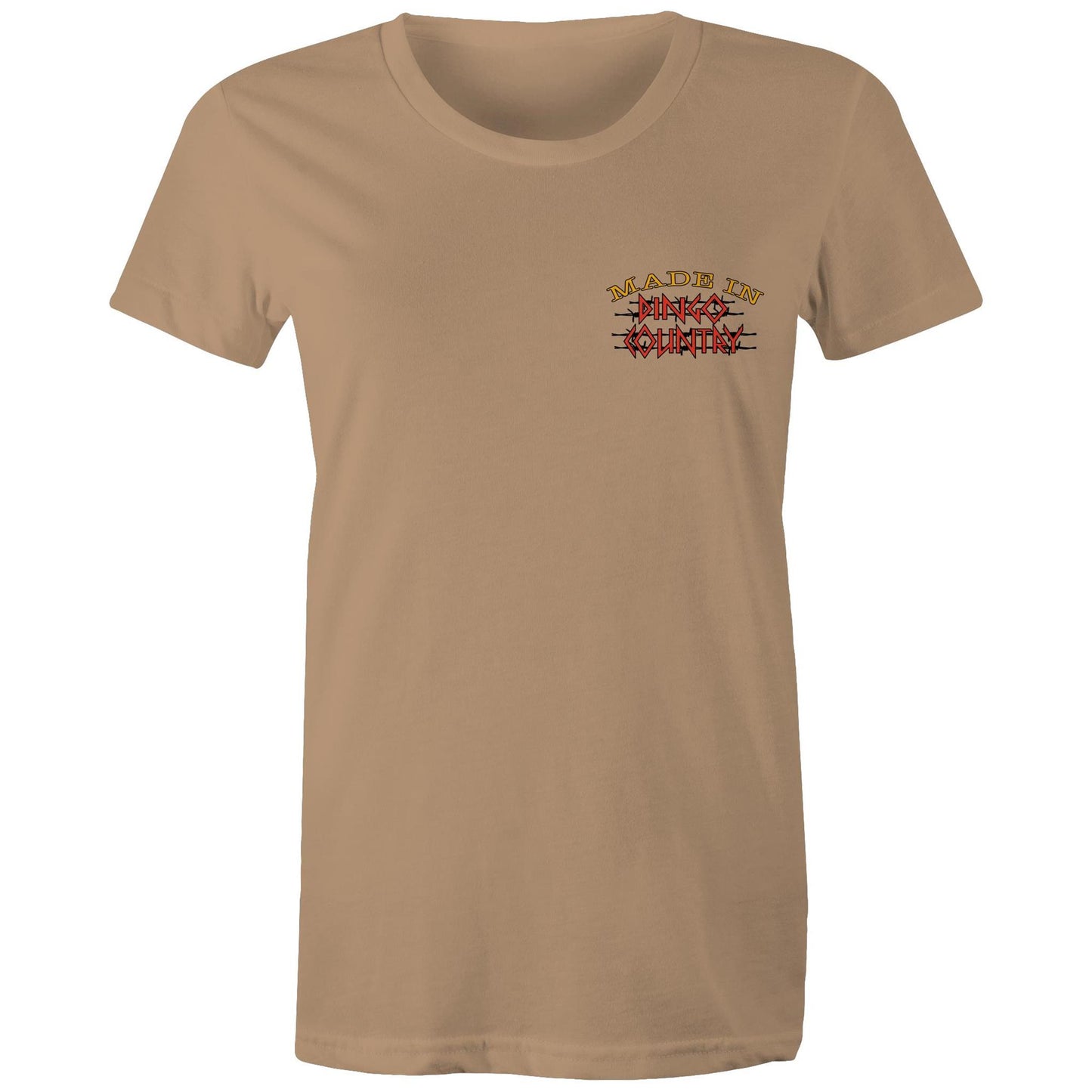 Made in Dingo Country" logo on a plain tan women's maple tee - front view.