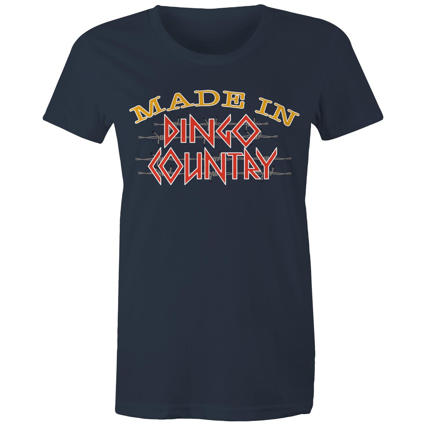 Women's navy maple tee with a large 'Made in Dingo Country' logo on the front, available in 14 vibrant colors