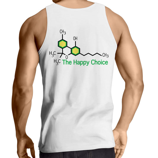 Rear view of a white men's singlet showing the green THC molecular graphic and 'The Happy Choice' slogan, merging scientific intrigue with casual fashion