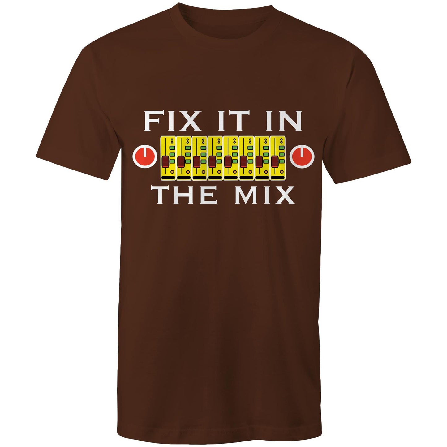 Men's dark chocolate t-shirt with 'Fix It In The Mix' music mixer design