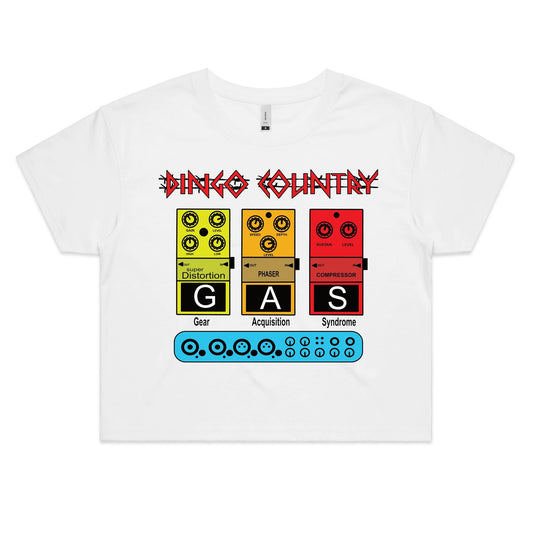 Dingo Country's GAS Women's Crop Top white, adorned with pedal graphics and gear-themed lettering