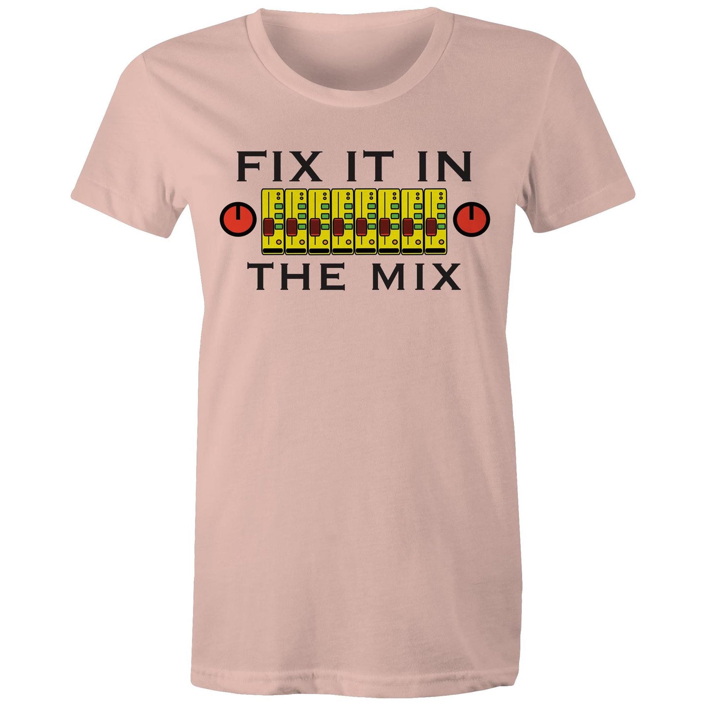 Fix It In The Mix' women's maple tee in pale pink with colorful mixer design