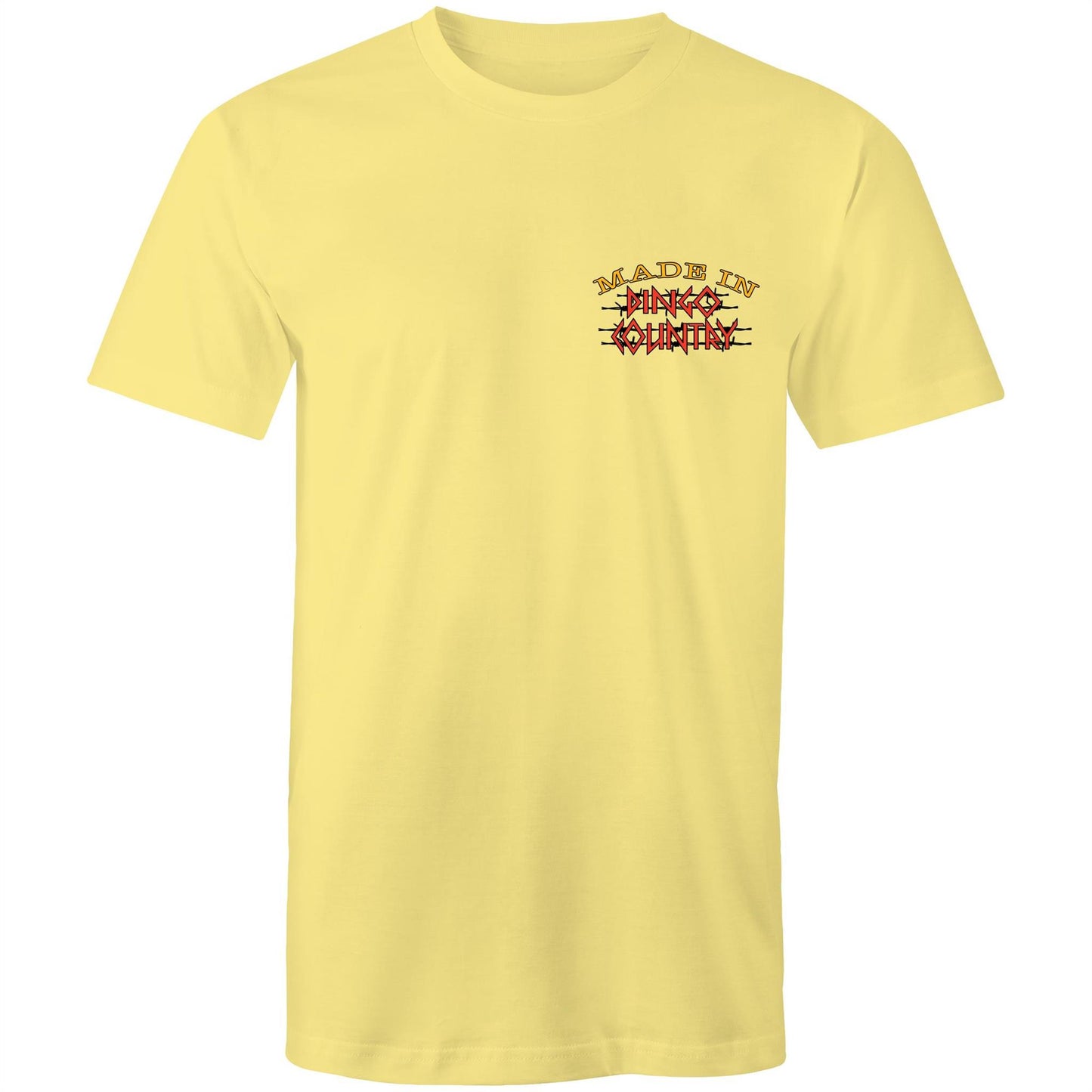 Front view of 'Life’s Short Dance' Men's T-Shirt showcasing the 'Made in Dingo Country' logo in warm earthy tones on a yellow background.