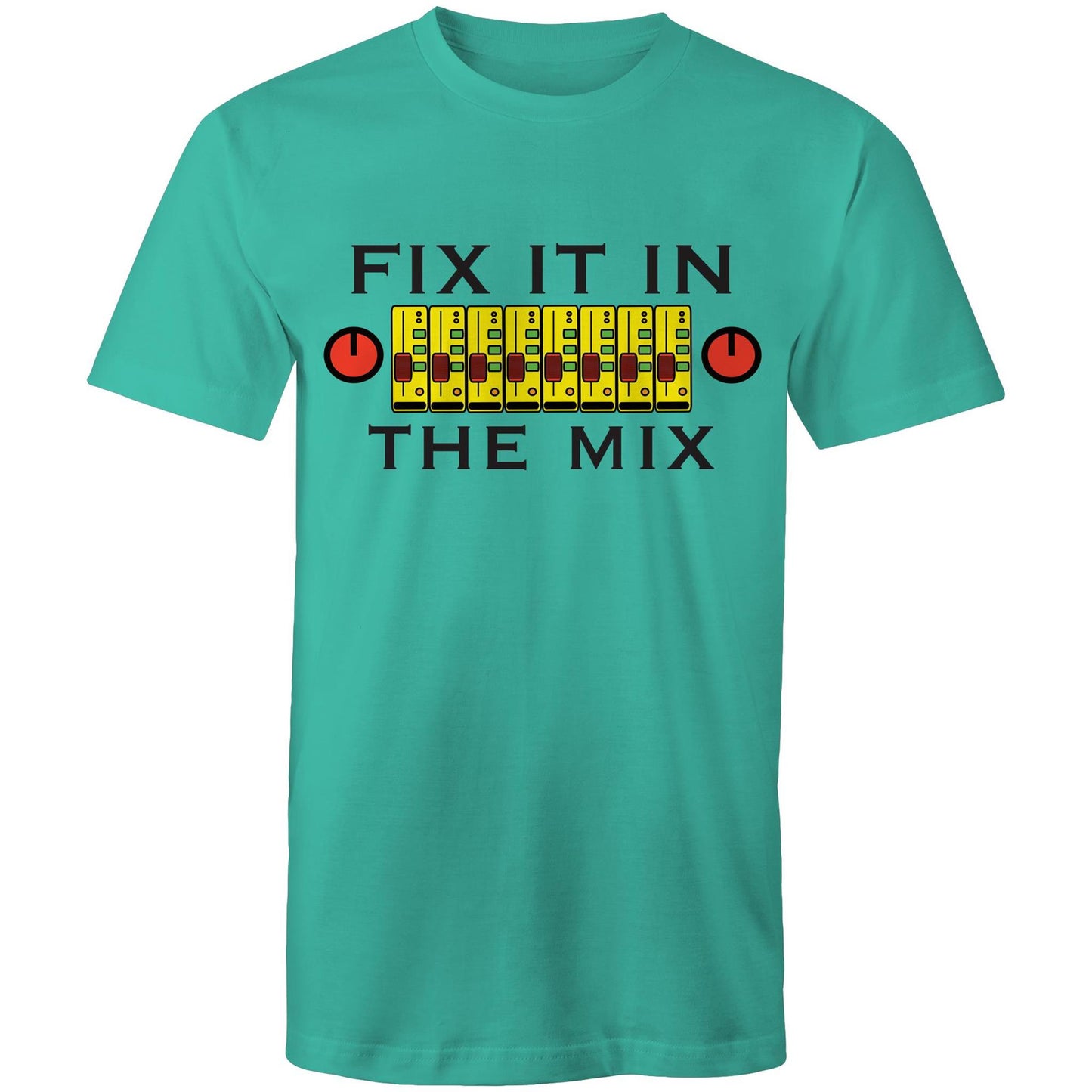 Men's teal t-shirt with 'Fix It In The Mix' music mixer design