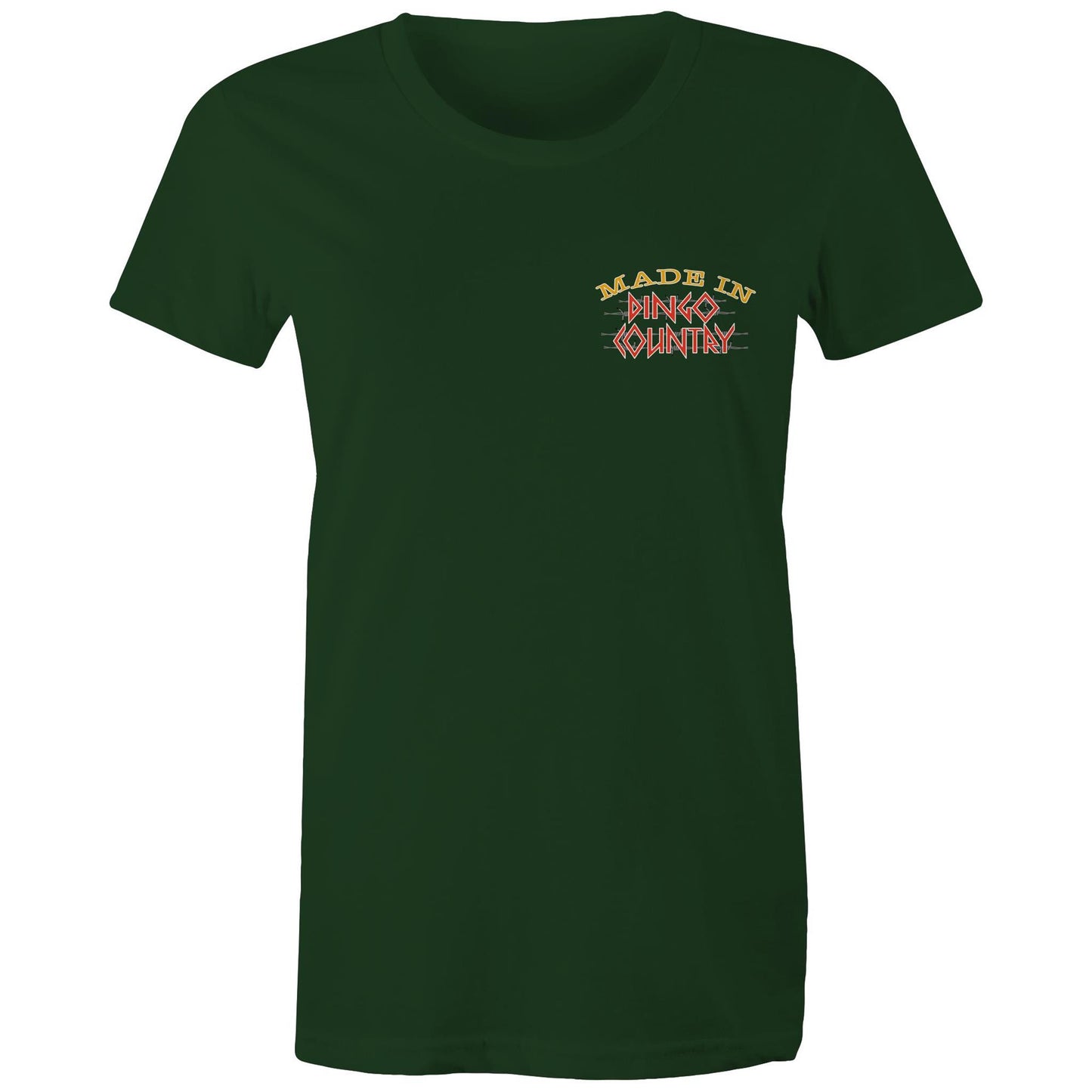 Simple and elegant forrest green Women's Maple Tee with 'Made in Dingo Country' in distressed Australian flag colours across the chest.