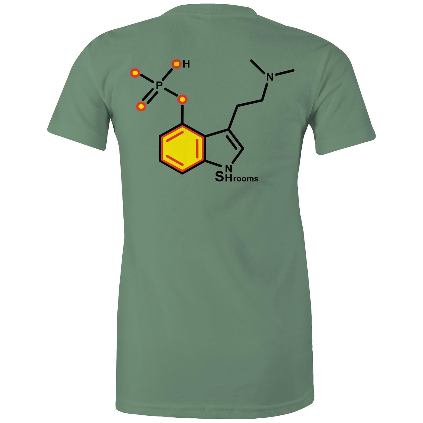 Back of the sage Women's Maple Tee displaying the chemical structure for Psilocybin, marrying elegance with a love for mycology.