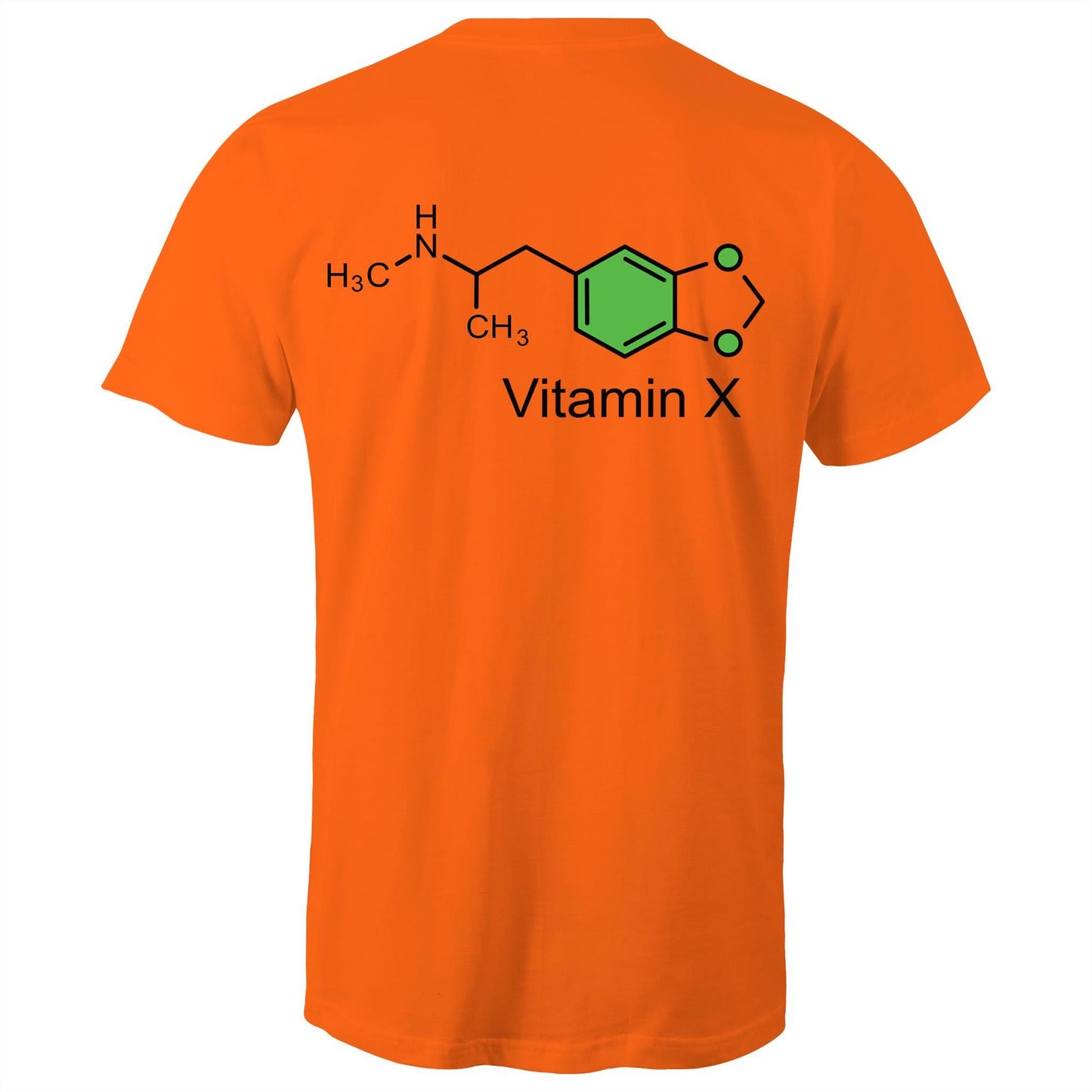 Back of the orange t-shirt displaying the green and black MDMA molecular structure with 'Vitamin X' text, celebrating scientific curiosity