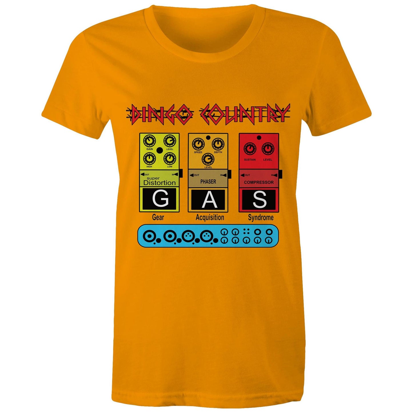 Close-up of the GAS Effect Pedal Women's T-Shirt orange by Dingo Country, celebrating music gear culture