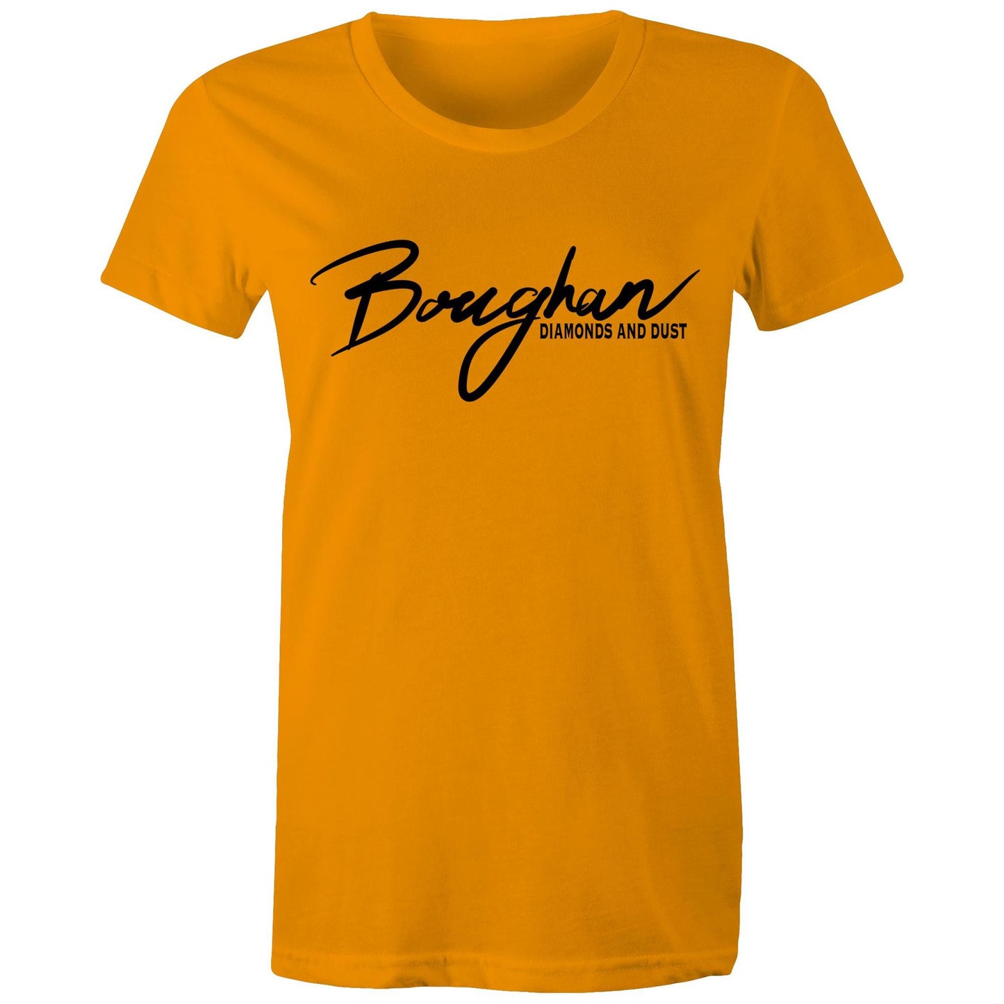 Women's orange Maple Tee with 'Boughan - Diamonds and Dust' script.