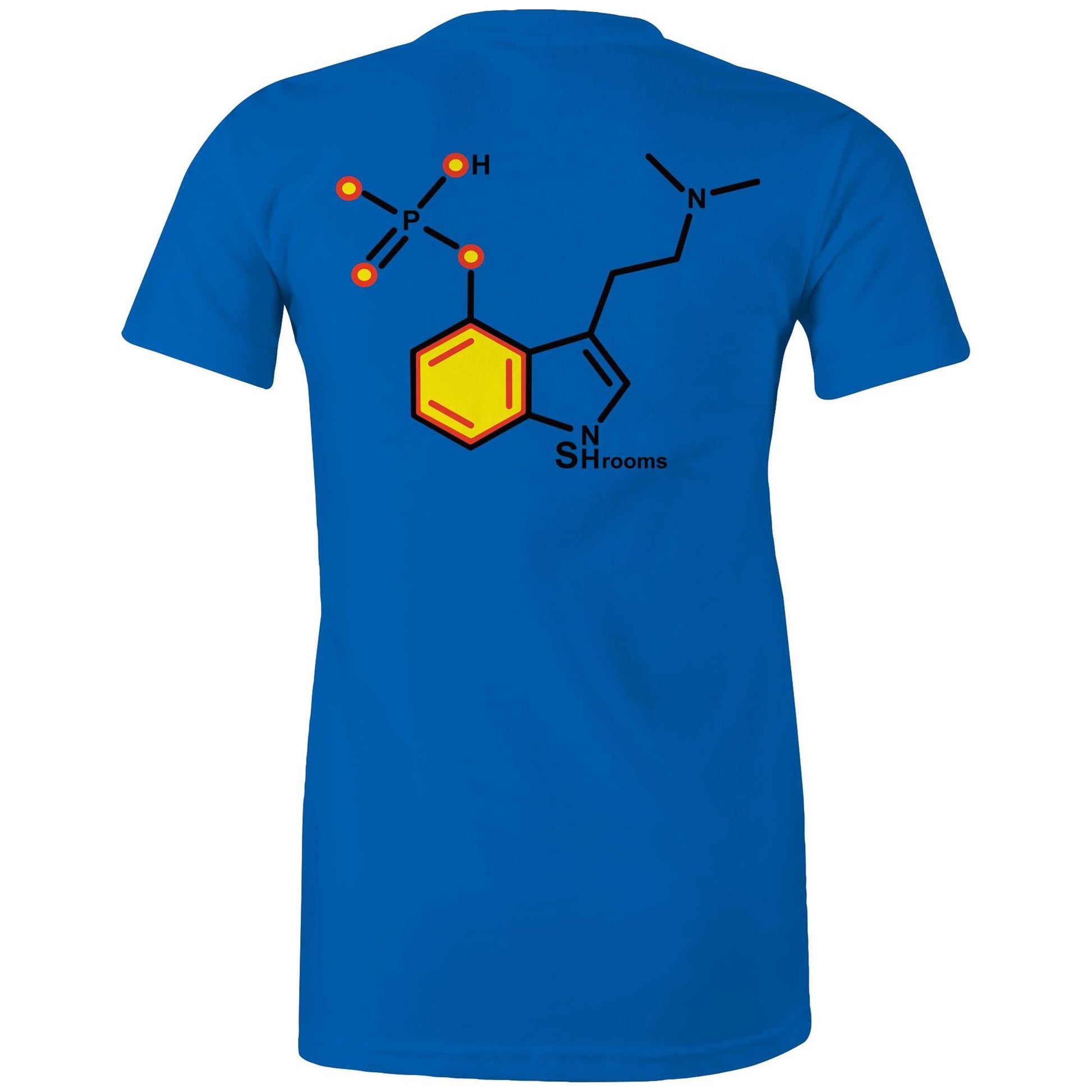 Back of the bright royal Women's Maple Tee displaying the chemical structure for Psilocybin, marrying elegance with a love for mycology.