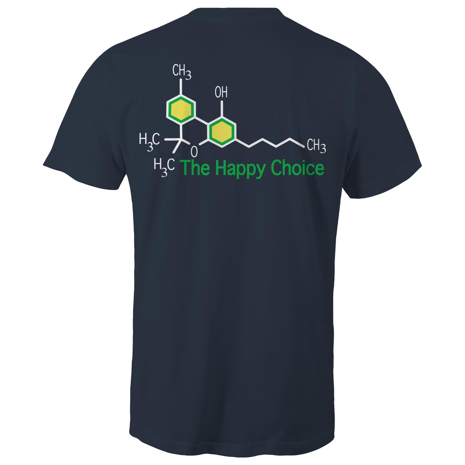 Rear view of a navy T-shirt showing the chemical structure of Tetrahydrocannabinol (THC) with 'The Happy Choice' tagline, merging fun with pharmacological interest.