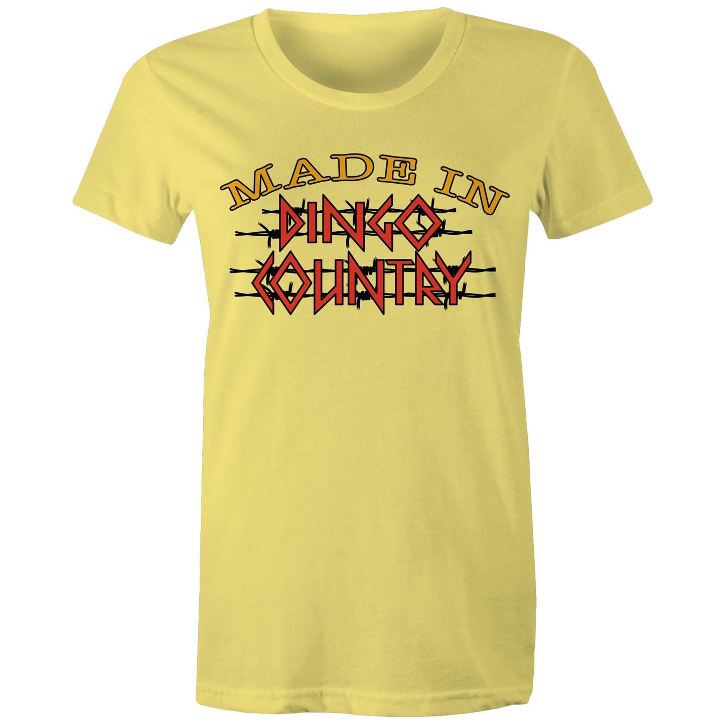 Women's yellow maple tee with a large 'Made in Dingo Country' logo on the front, available in 14 vibrant colors