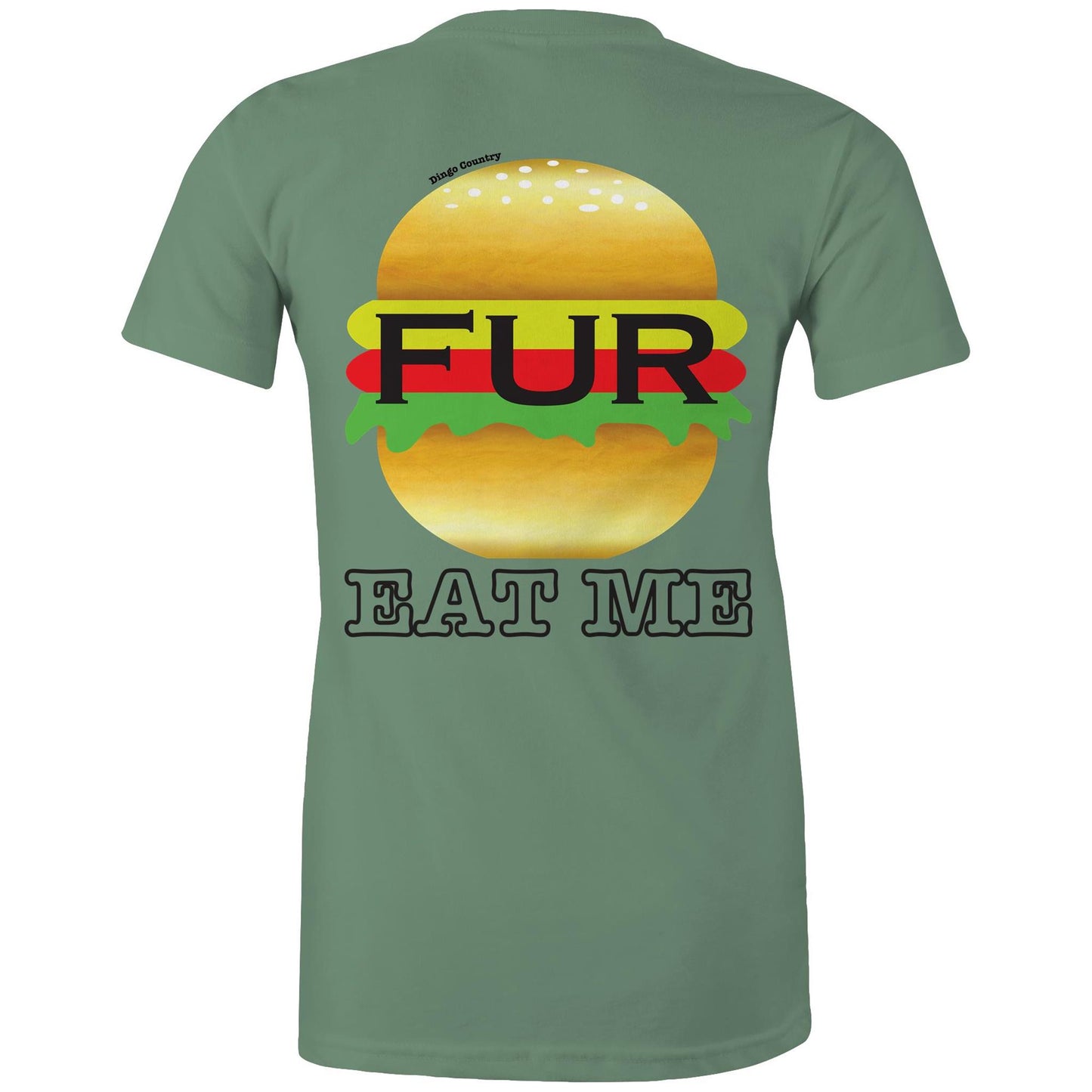 Rear view of Dingo Country's sage Maple Tee, with the playful 'FUR BURGER EAT ME' burger graphic.