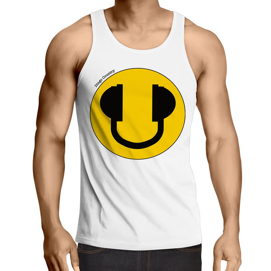 Men's white singlet featuring a bold yellow smiley face with headphone details, combining a love for music with a cheerful vibe