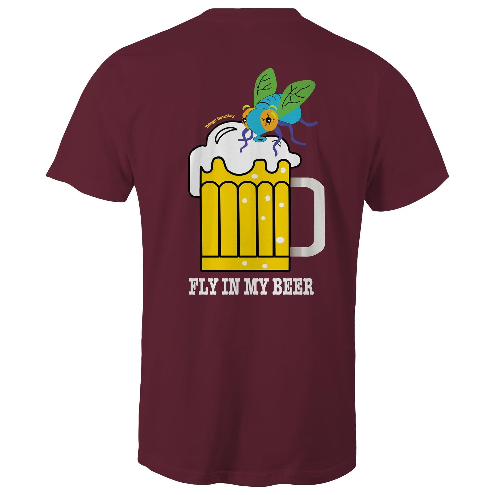 Back view of 'Fly in My Beer' Men's T-Shirt by Dingo Country in burgundy– showcasing a playful graphic of a beer mug with a fly on top and the witty phrase 'Fly in My Beer' in bold letters, symbolising the Aussie outdoor drinking experience.