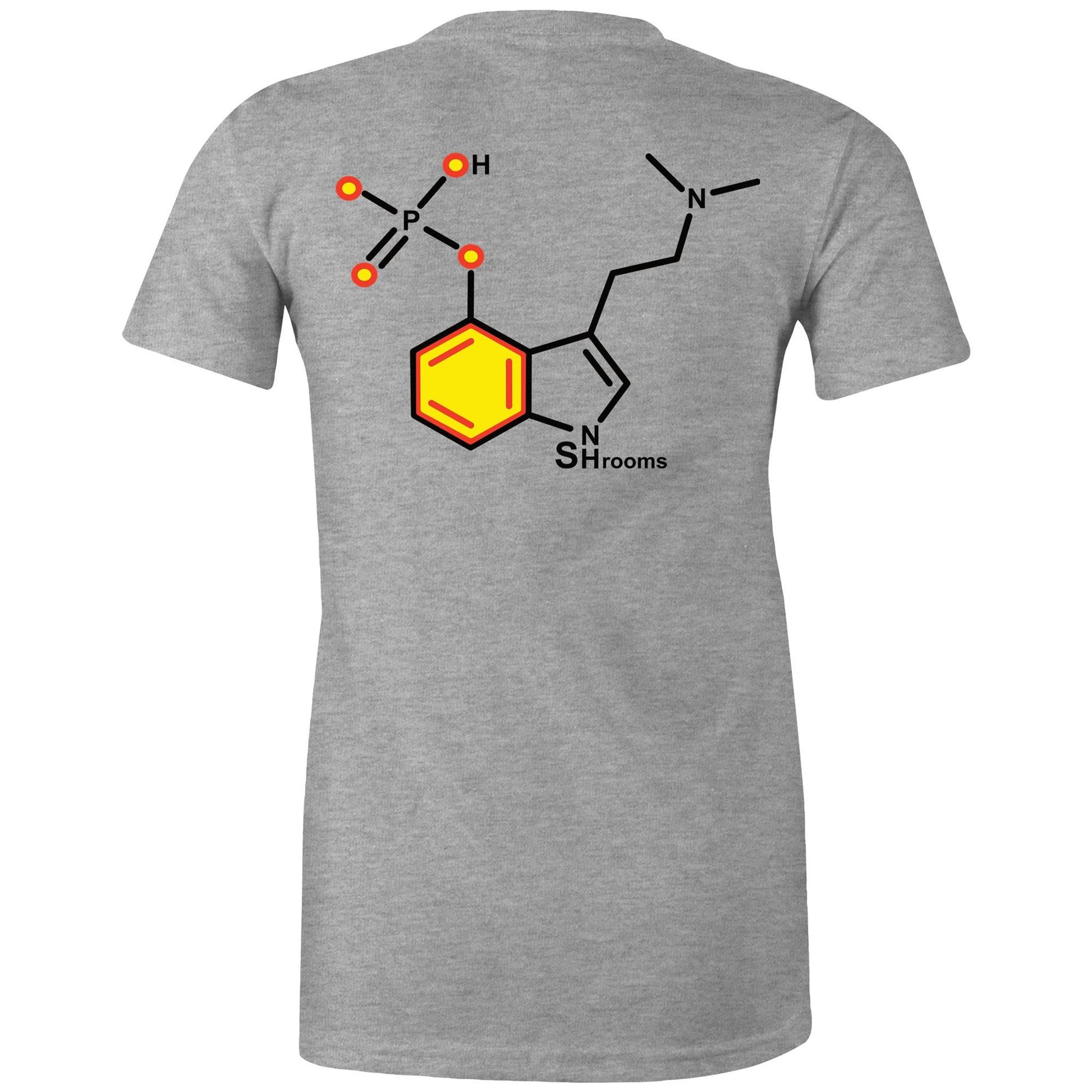 Back of the grey Women's Maple Tee displaying the chemical structure for Psilocybin, marrying elegance with a love for mycology.