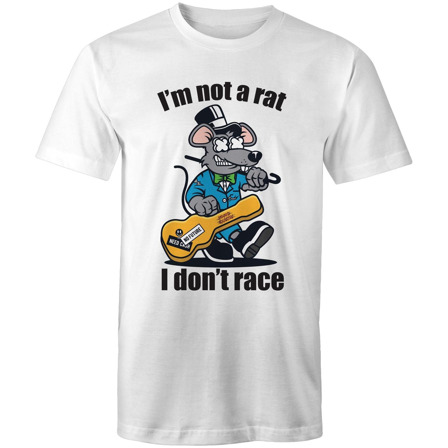 Men's white t-shirt with a cartoon rat playing guitar and 'I'm Not a Rat, I Don't Race' text - part of Dingo Country's Art & Humour Collection.