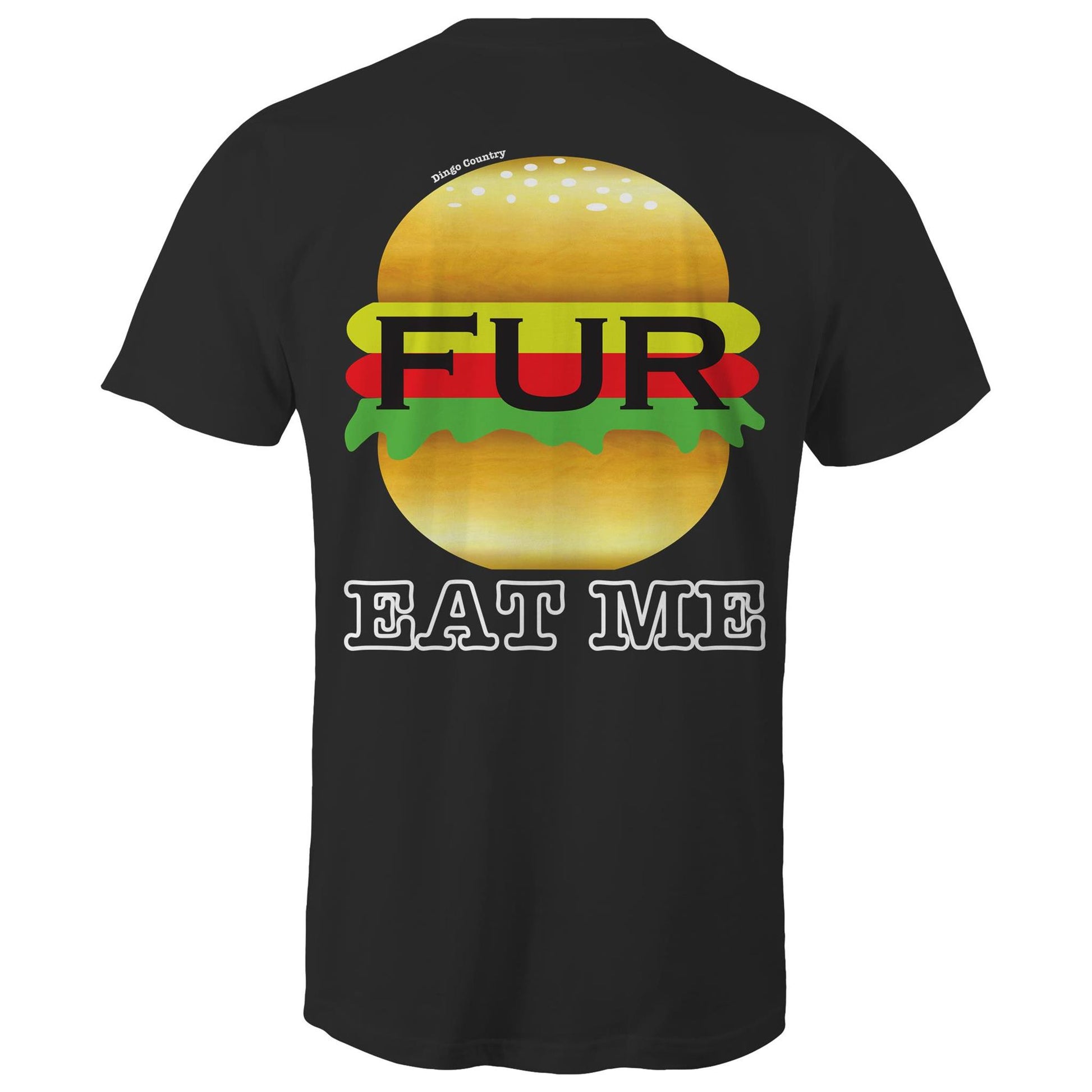 Back of black t-shirt displaying a humorous 'EAT ME' text with a stylized Fur burger graphic, blending Australian slang with playful design