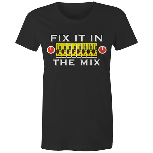 Fix It In The Mix' women's maple tee in black with colorful mixer design