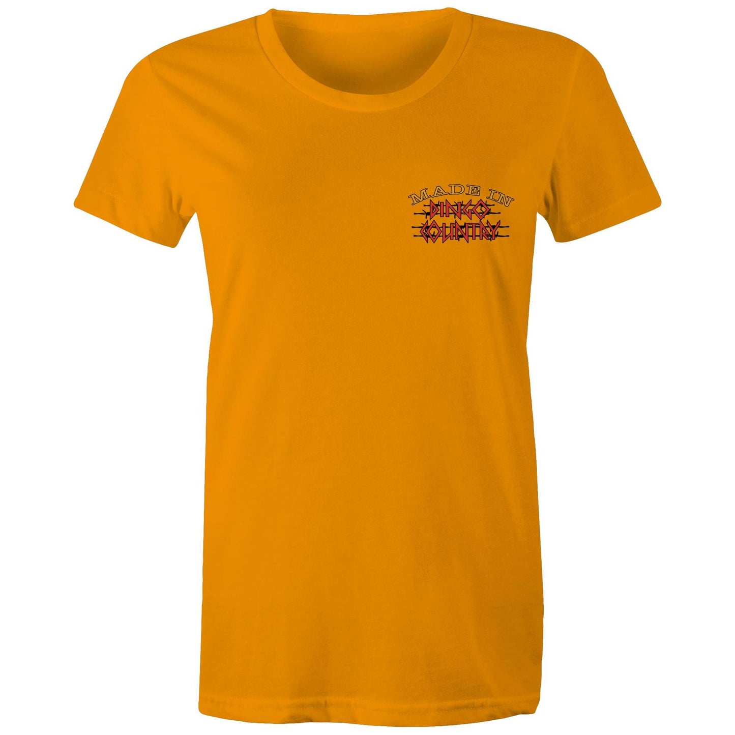 Front of the orange Women's Maple Tee with the 'Made in Dingo Country' logo, merging simplicity with Australian pride.