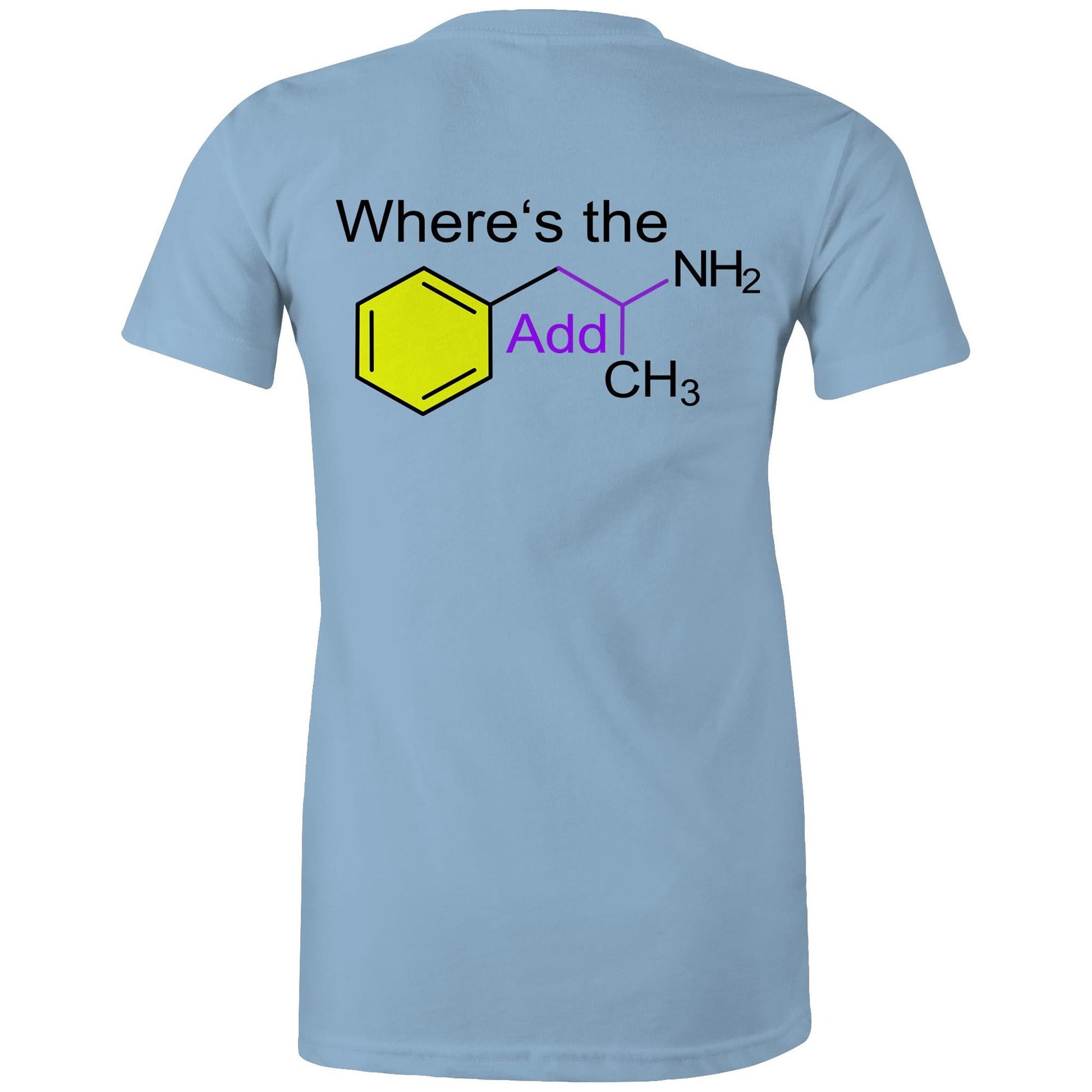 Back view Carolina blue women's t-shirt showing a playful twist on chemistry with 'Where’s the Addy' integrated within a colourful molecular structure design.