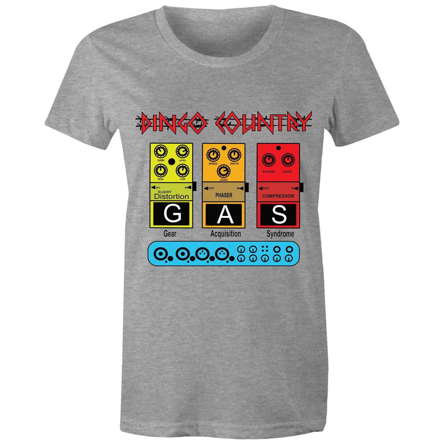 Close-up of the GAS Effect Pedal Women's T-Shirt grey by Dingo Country, celebrating music gear culture