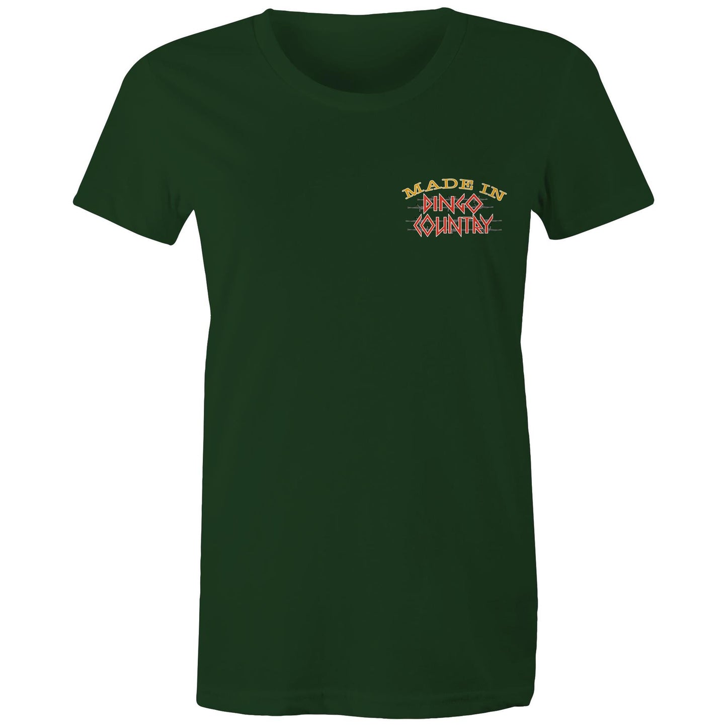 Front view of 'Life’s Short Dance' Women's Maple Tee showcasing the 'Made in Dingo Country' logo in a compact, rustic design on a Forrest green tee.