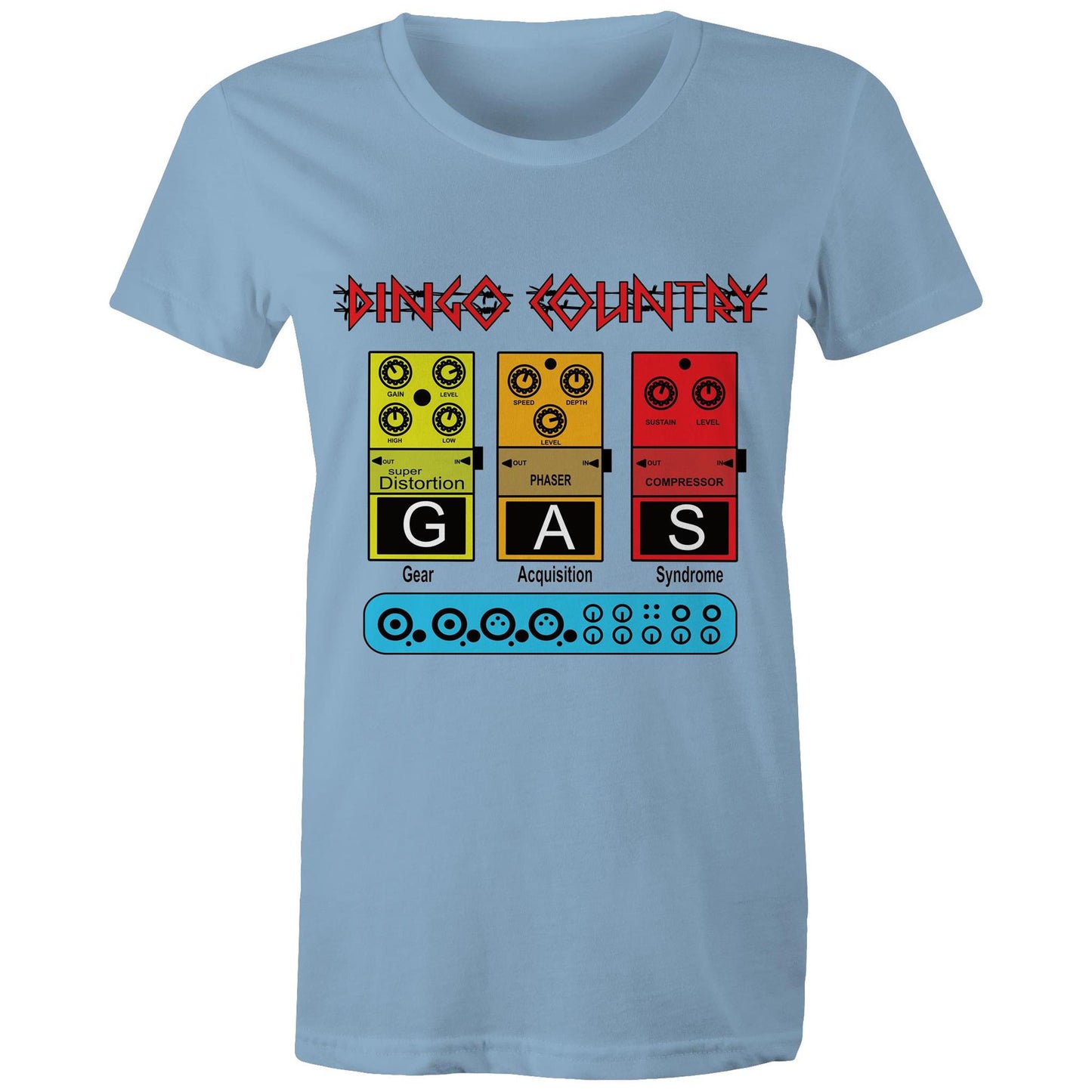 Close-up of the GAS Effect Pedal Women's T-Shirt Carolina blue by Dingo Country, celebrating music gear culture