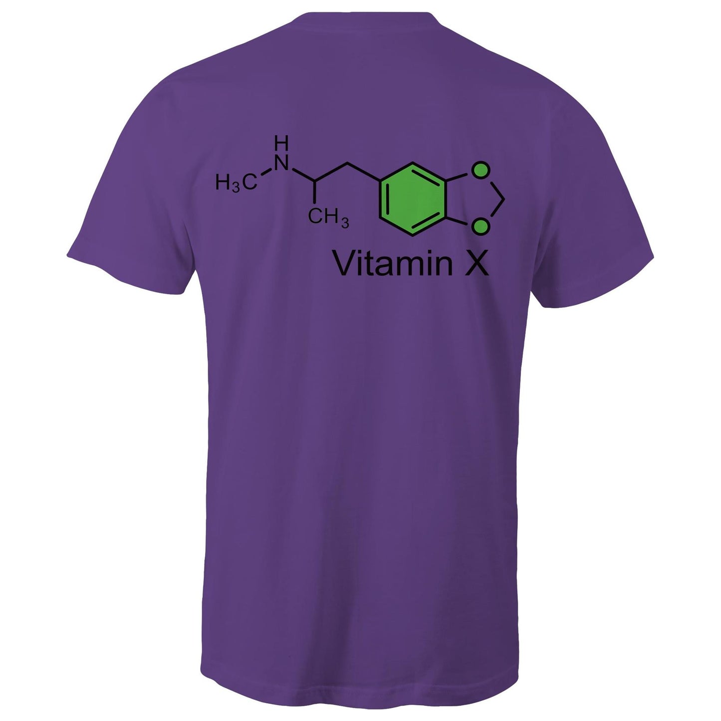 Back of the purple t-shirt displaying the green and black MDMA molecular structure with 'Vitamin X' text, celebrating scientific curiosity