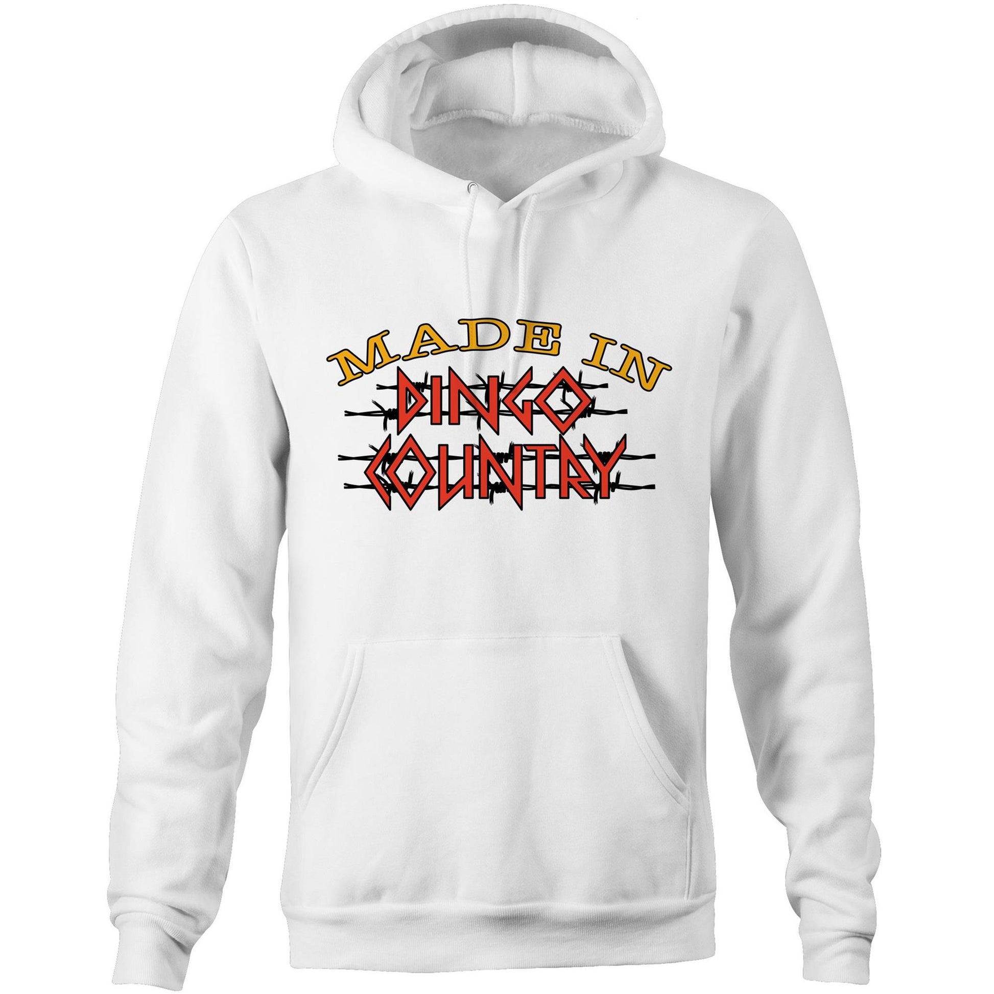 Cozy white pocket hoodie featuring the 'Made in Dingo Country' logo, available in eight colours for a snug, patriotic look.