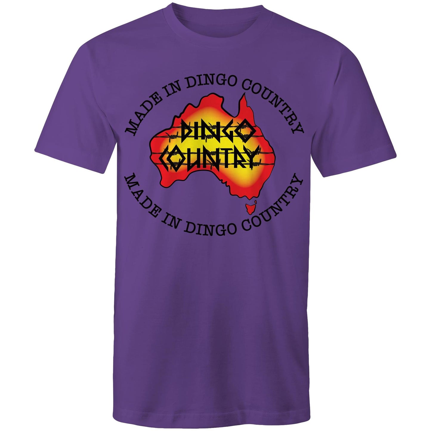 Men's purple T-shirt highlighting a map of Australia with a 'Made in Dingo Country' motif, combining national pride and a sunburnt colour palette.