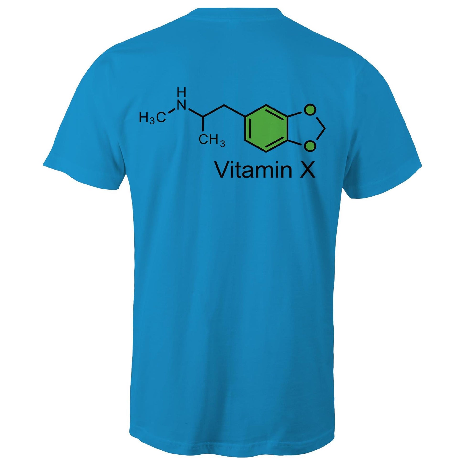 Back of the arctic blue t-shirt displaying the green and black MDMA molecular structure with 'Vitamin X' text, celebrating scientific curiosity